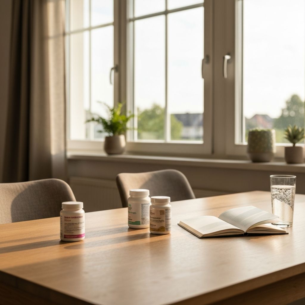 Esstisch am Fenster mit Zusatzstoffen und Notizbuch