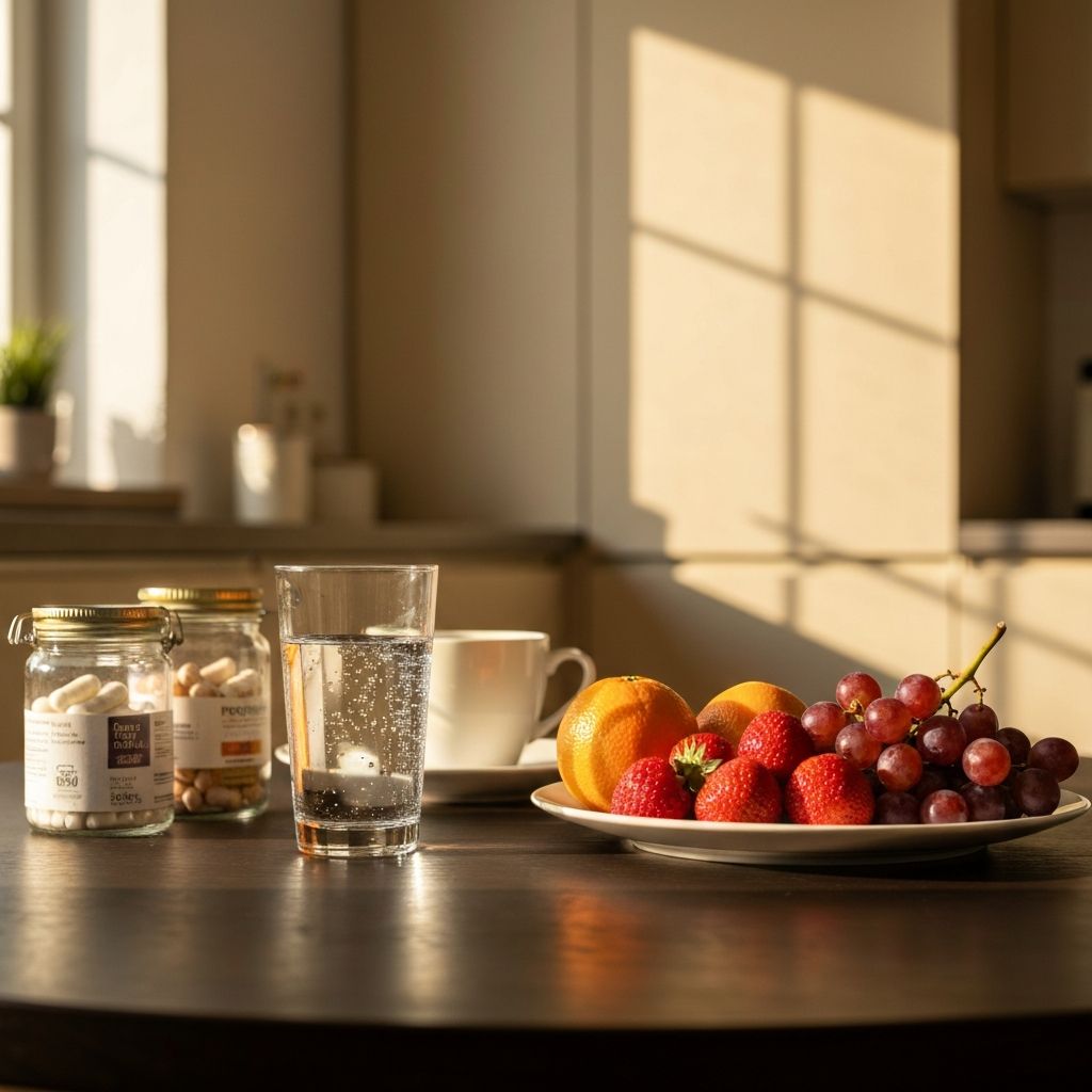 Frühstückstisch mit Wasser, Obst und Zusatzstoffen