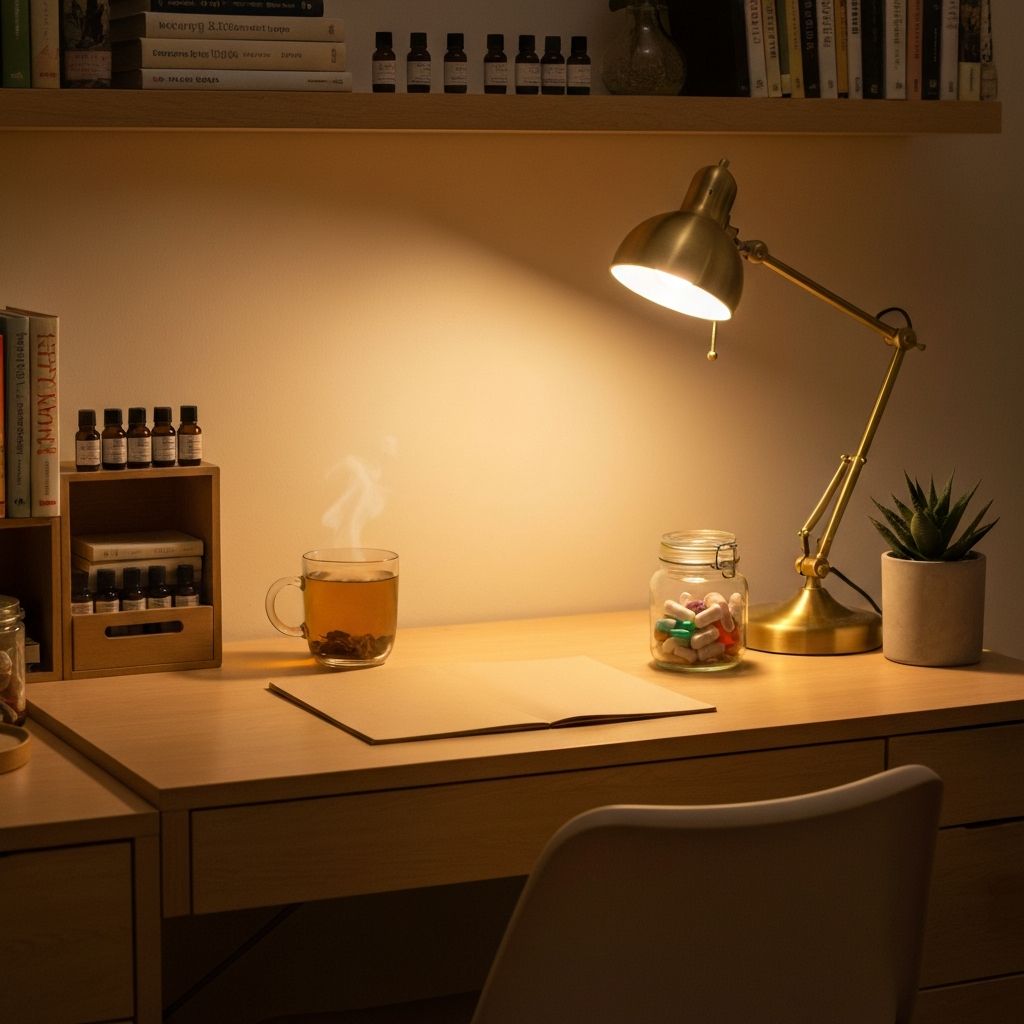 Abendlicher Schreibtisch mit Lampe, Tee und Zusatzstoffen