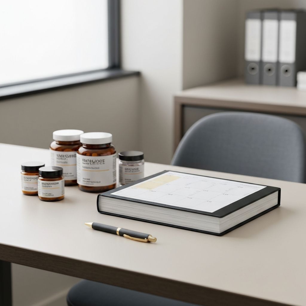 Mittags-Arbeitsplatz mit Planer und Zusatzstoffen