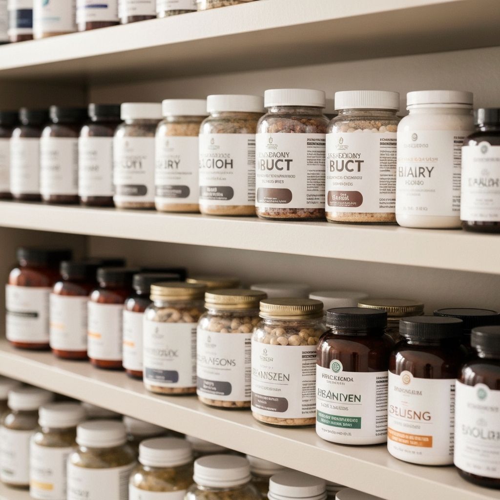 Organisiertes Regal mit Zusatzstoffen, Kapseln und Pulvern